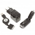 3-em-1 carregador de isqueiro + carregador AC + USB Data/Charging Cable definido para iPad/iPhone - Black