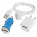 3-em-1 AC Adapter carregador + carregador de isqueiro + cabo USB para iPhone 4 - azul + branco