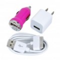 3-em-1 AC Adapter carregador + carregador de isqueiro + cabo USB para iPhone 4 - Peach Blossom + branco