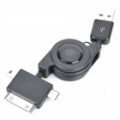 Retrátil 3-em-1 cabo de dados/carregamento USB para Mini USB + Micro USB + iPhone/iPod (preto)