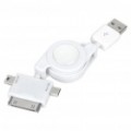 Retrátil 3-em-1 cabo de dados/carregamento USB para Mini USB + Micro USB + iPhone/iPod (branco)