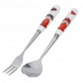 Portátil inox de bolso dobrável garfo + colher jantar Set - vermelho + branco